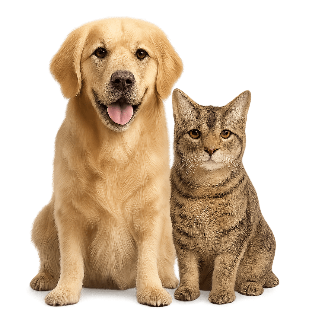 Golden Retriever dog and tabby cat sitting together